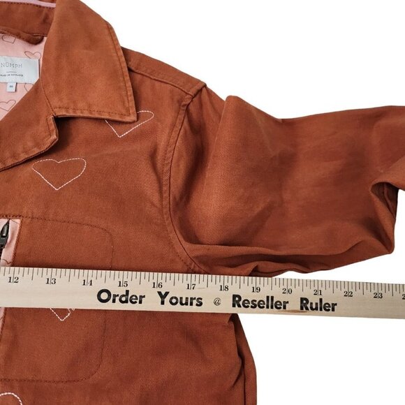 Numph Womens Jacket Medium 38 Brown Heart Print Pockets Button-Up - Picture 7 of 9